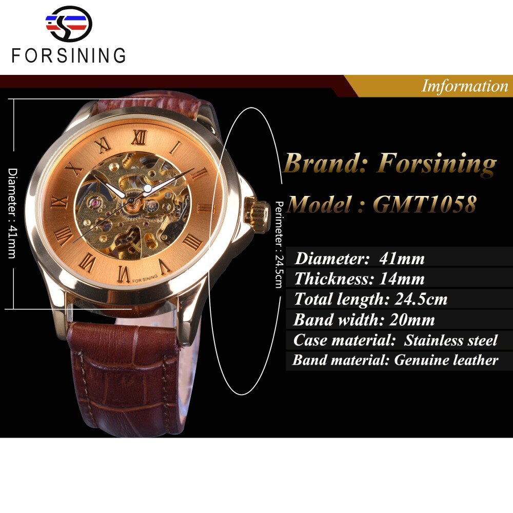 Forsining Bruin Minimalistische Stijl Golden Opengewerkte Horloge mannen Horloges Mechanische Skeleton Horloge Bruin Lederen Klok