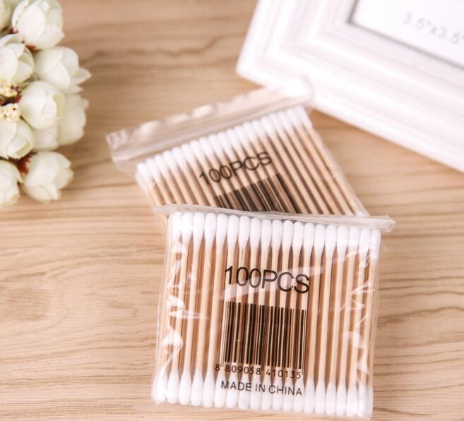 100 stks/partij Vrouwen Makeup Wattenstaafje Dubbele Hoofd Wattenstaafjes Make Up Hout Sticks Neus Oren Schoonmaken Cosmetica Gezondheid zorg