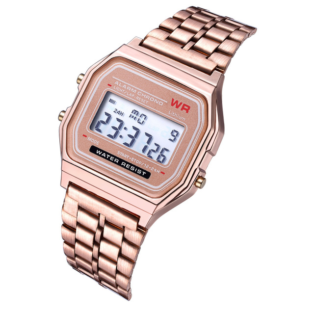 LED Digital Watch Crystal Square Women Watches PCV / F91W Steel Strap Sports Watches Electronic Wrist Band Clock Students: Rose Gold-B