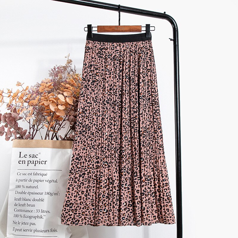 Jupe longue plissée en mousseline de soie imprimé léopard pour femmes, printemps, Vintage, ligne A, élastique, taille haute, VD2285: Rouge