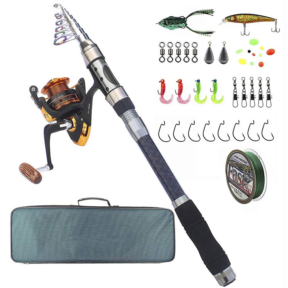 Fishing Rod and Reel Combos Full Kit Spinning Fishing Gear Bag with Line Fishhooks Lures Sinker Saltwater