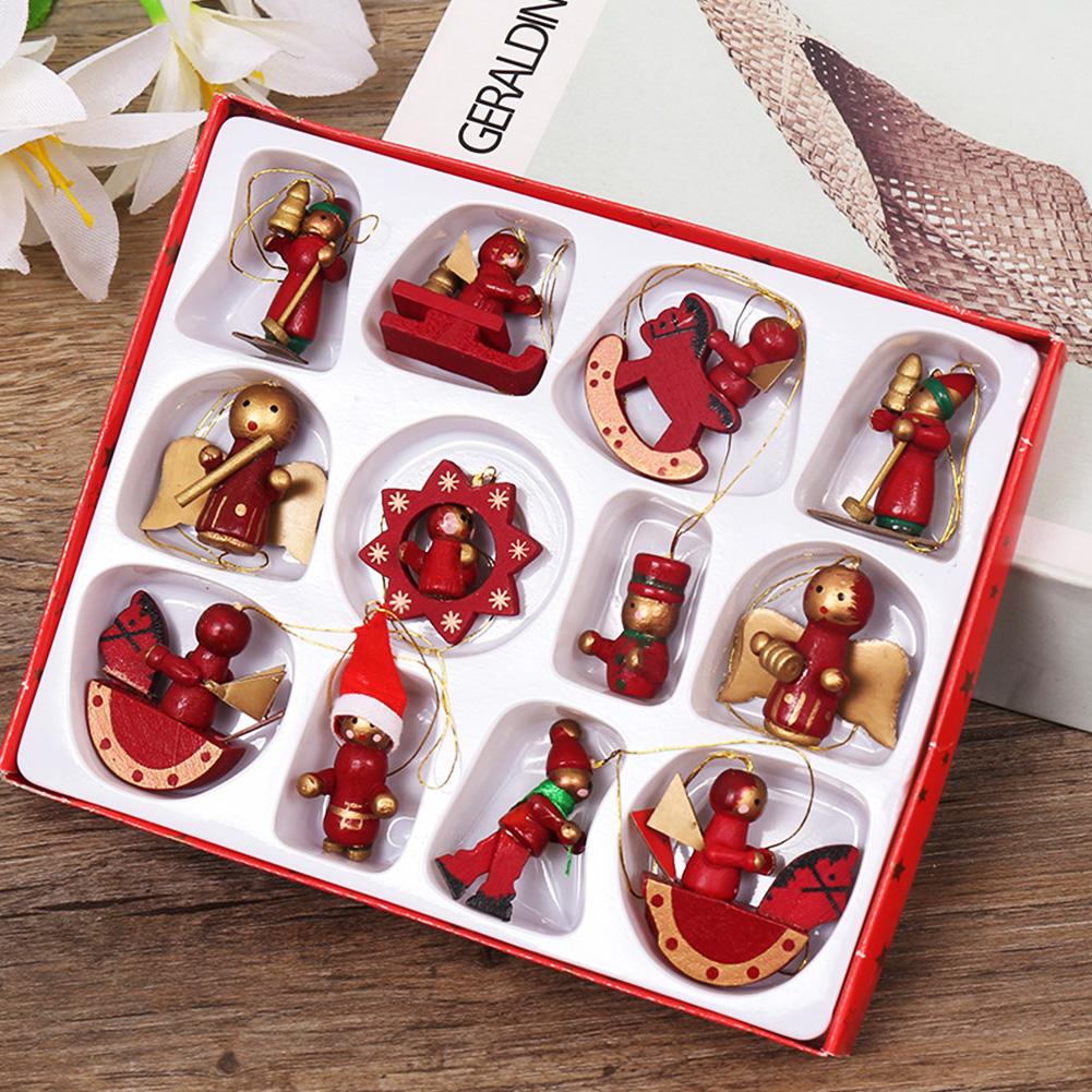 12pcs /set Year Christmas Tree Hanging Christmas Wooden Ornaments Miniature Ornaments For Home Mall Decor