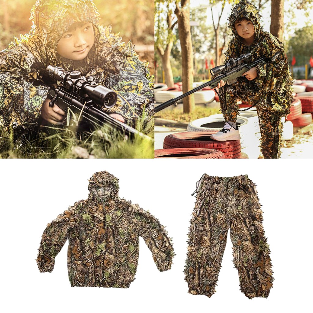 Ropa de camuflaje con hojas en 3D, chaqueta de traje de Ghillie, pantalones con capucha, jungla