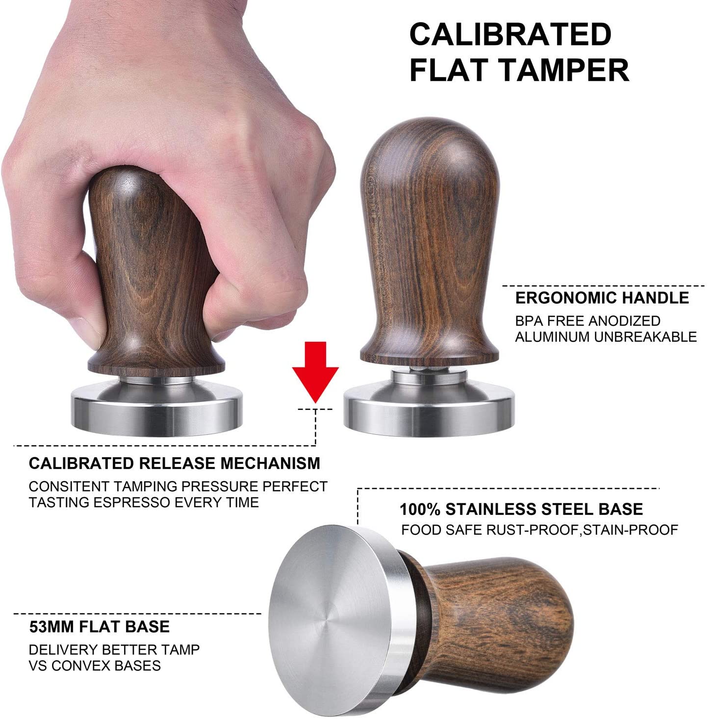 51/53/58mm kalibrerede espresso-tamper, kalibreret kaffe-tamper med fjederbelastet træhåndtag i rustfrit stål flad base