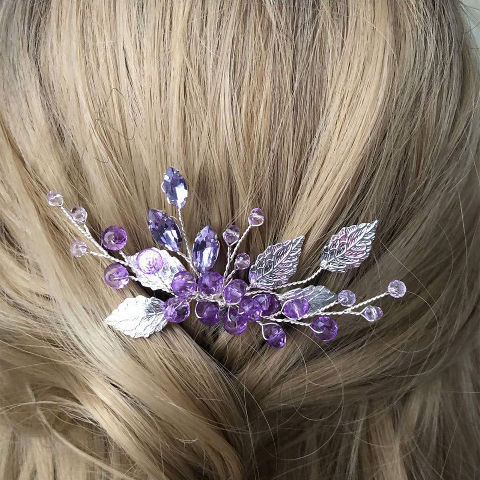 Bruid Bruiloft Haar Kammen Paars Kristal Kralen Haarspelden Zijclip Zilver Kleur Legering Blad Hoofddeksel voor Vrouw Feest Haar Sieraden