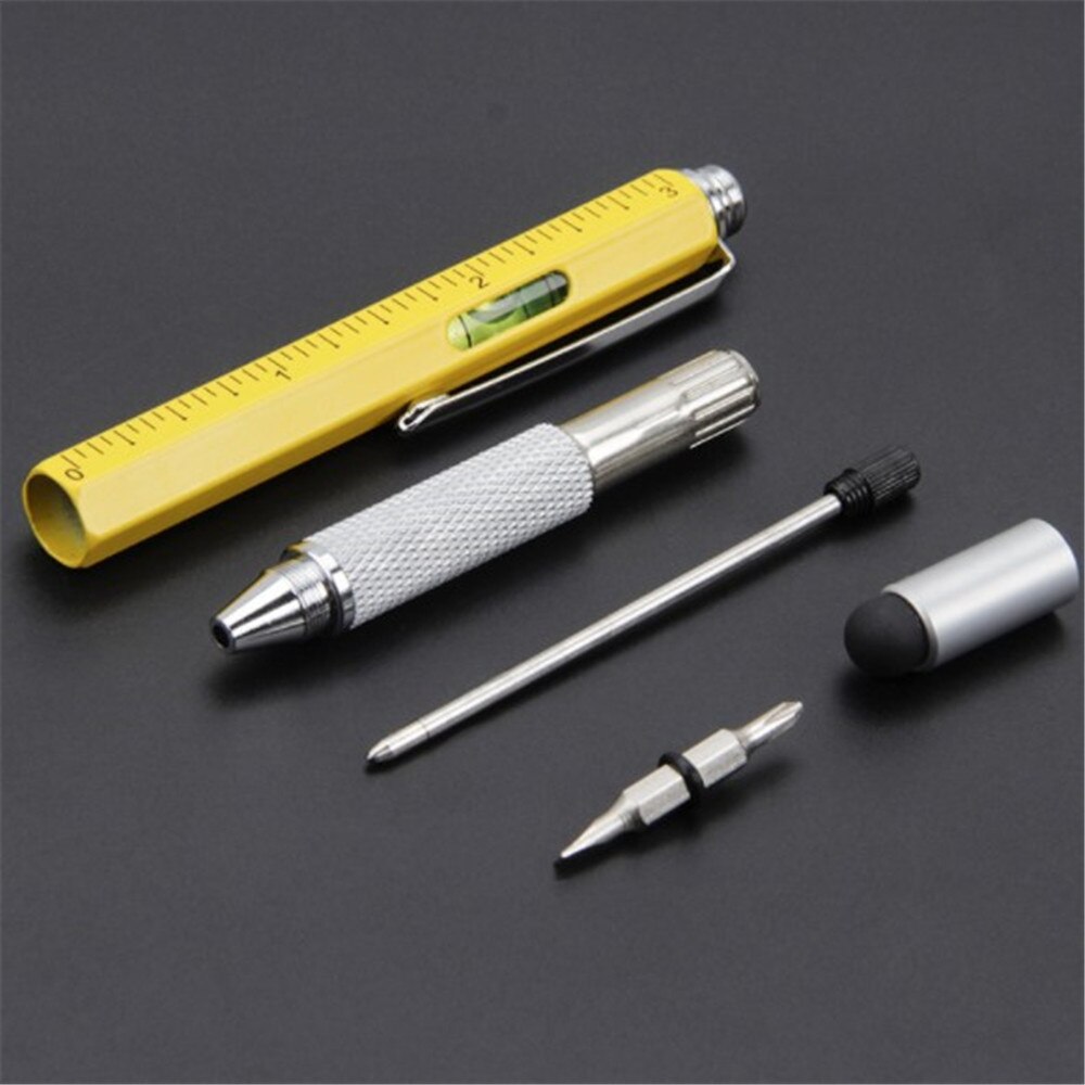 Multi Tool Pen 6 In 1 Metal Tech Pen With Ruler Level Screwdriver Condenser Tip Refillable Bubble Level and Ruler Ballpoint pen