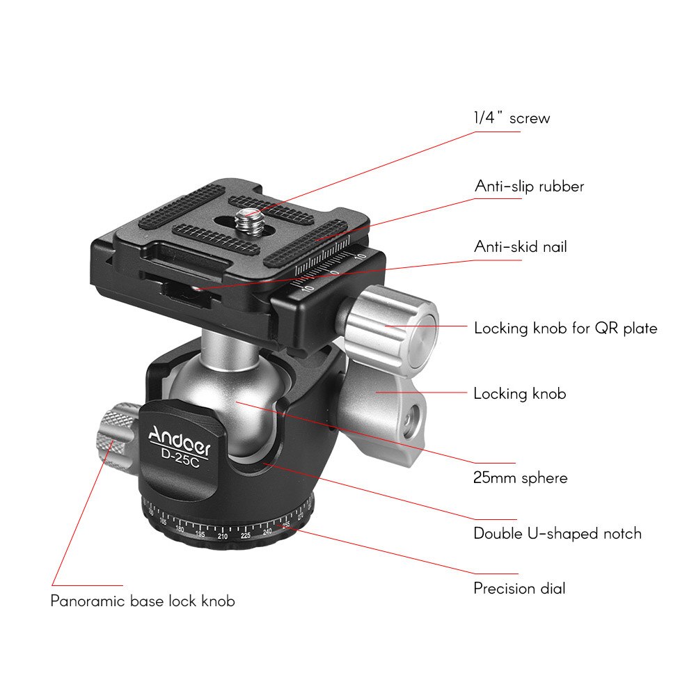 Andoer D-25C Mini Ball Head Aluminum alloy tripod Head with 1/4 inch & 3/8 inch screw mount for DSLR ILDC camera 360° movement