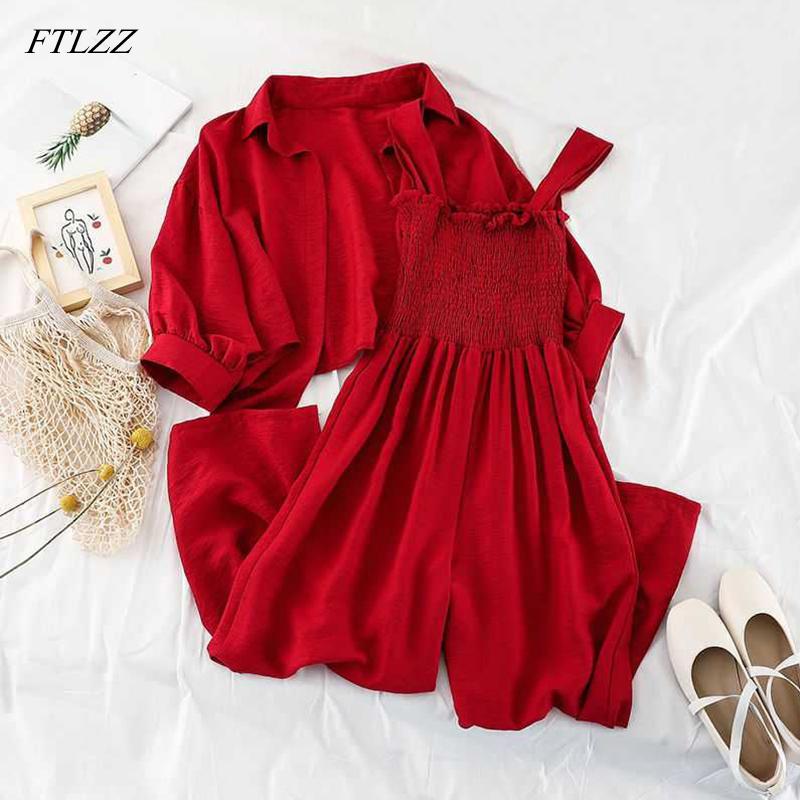 FTLZZ Summer Two Pieces Set Women Loose Short Sunscreen Jacket + Suspending Rompers Clothing Female Casual Holidays Suit: Red