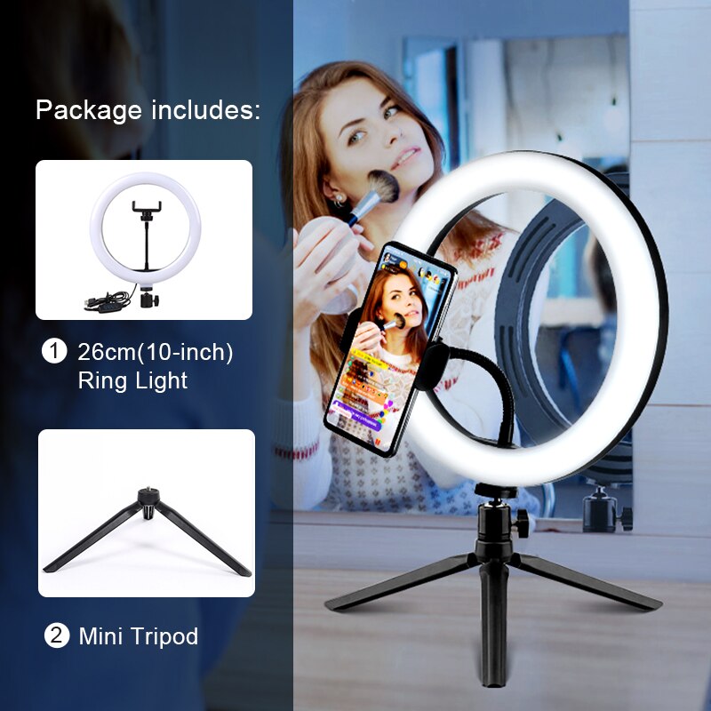 Éclairage Ring Light à Led avec trépied et Support Mobile, éclairage annulaire pour photographie et diffusion vidéo en direct: 26cmLight MiniTripod