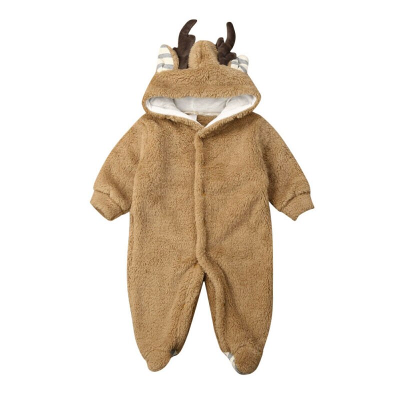 Winter Toddler Baby Girls Boys Antlers Hooded Romper Single Breasted Jumpsuit Newborn Infant Thick Plush Warm Clothes 0-18M