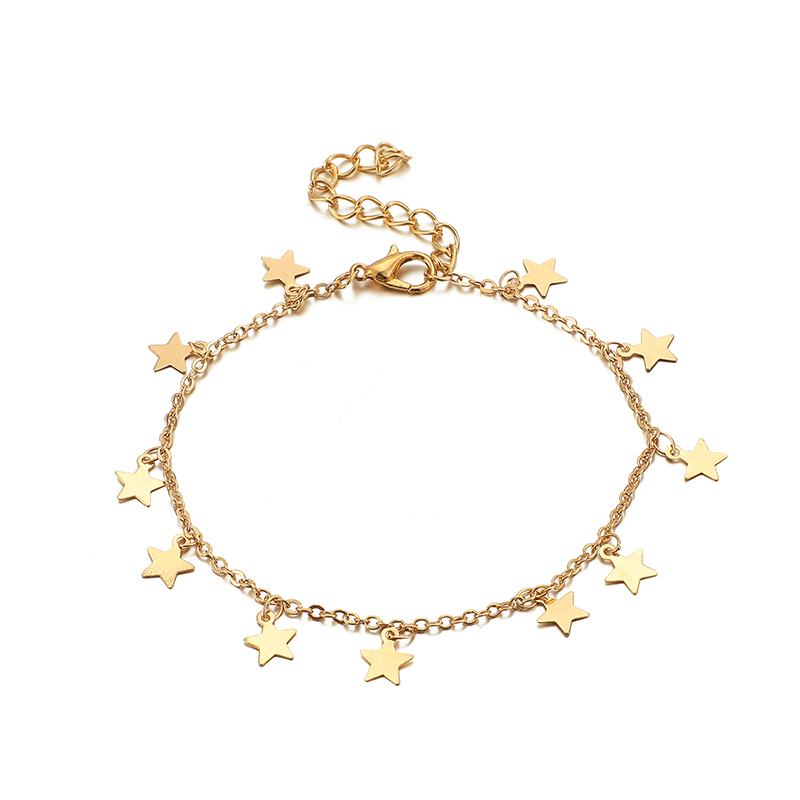 Docona Gold Tiny Star Gevlochten Touw Boho Enkelbanden voor Vrouwen Multi-layer Chain Charm Voet Armband Enkelband Sieraden Tobillera 8383