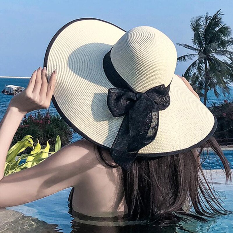 Zomer Panama Hoed Grote Rand Strooien Hoed Floppy Wide Brim Zon Hoeden Strik Strand Opvouwbare Hoeden Caps Voor Vrouwen Chapeu feminino