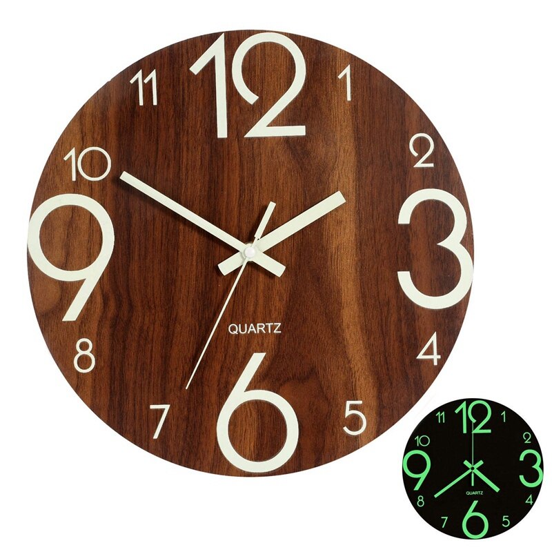 Luminous Wall Clock,12 Inch Wooden Silent Non-Ticking Kitchen Wall Clocks With Night Lights For Indoor/Outdoor Living Room Bedro