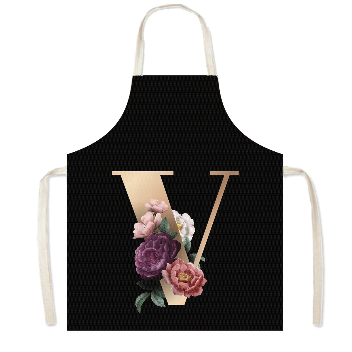 Delantal de cocina con estampado de flores y 26 iniciales, delantales de cocina con letras de A-Z para mujer, Chef de barbacoa, camarero, herramienta de limpieza para hornear en casa, delantal