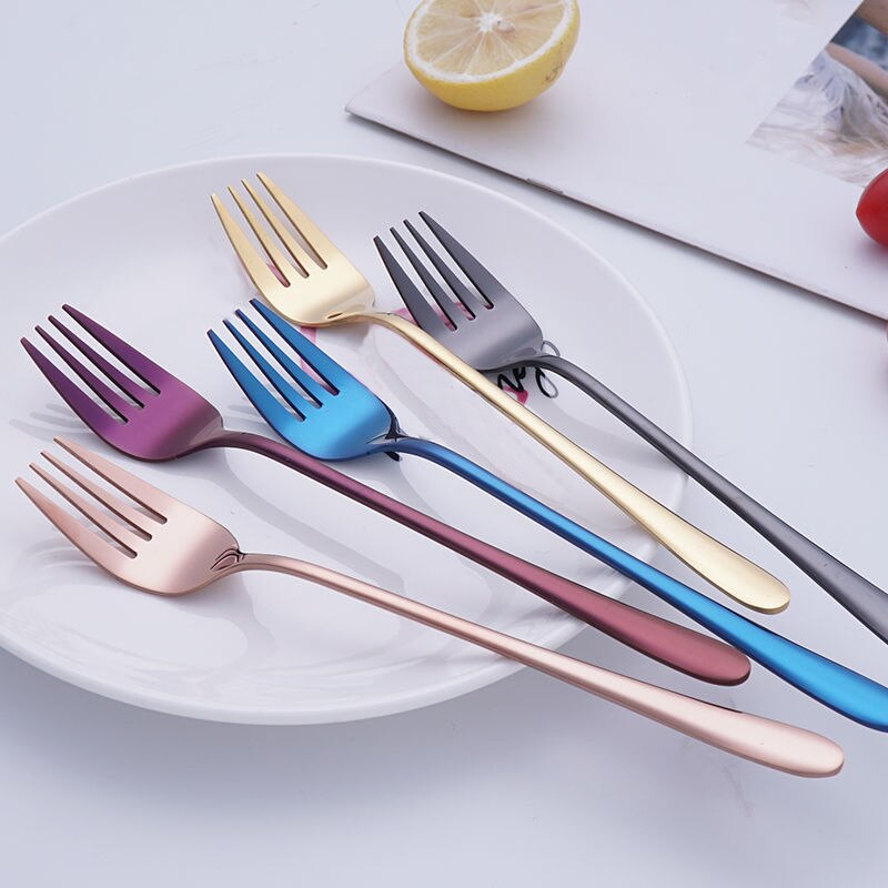 Stainless Steel Long Handle Dinner Fork Korean Rainbow Fork Hotel Restaurant Party Supplies Dinnerware Steak Gold Fork 5 Colors