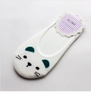 10 Kleur Vrouwen Onzichtbare Katoenen Sokken No Show Antislip Loafer Liner Low Cut Cartoon Animal Bears Konijnen Katten Boot Korte feminino: White cat green