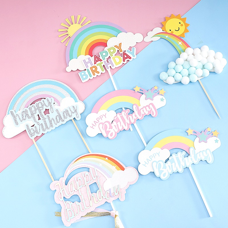 Cakelove Happy Birthday Cake Topper Cute Rainbow star sun Cloud Happy Birthday Cake Topper Flag Party Dessert Decoration Flags