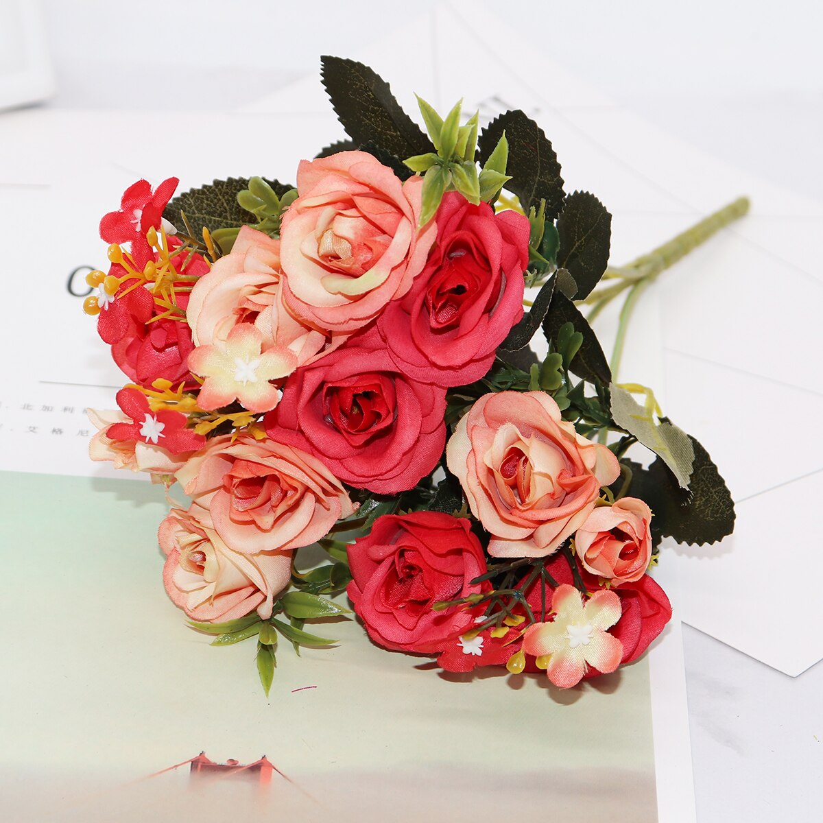 13 huvuden siden rosor brudbukett bröllop juldekoration för hem vas prydnadsväxter blomkruka konstgjorda blommor scrapbooking: 2
