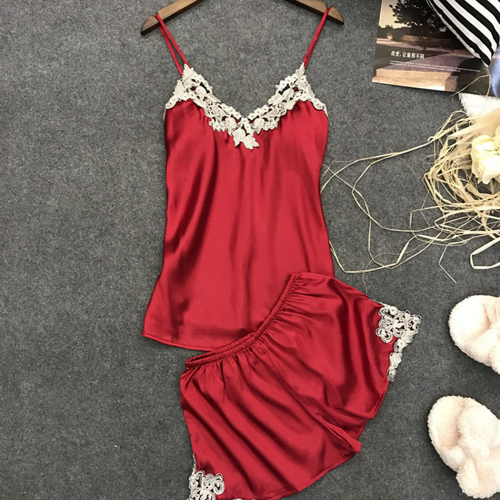 2 Stks/set Vrouwen Zijde Satijn Kant Gewaad Shorts Nachtkleding Babydoll Nachthemd Pyjama: Rood / M