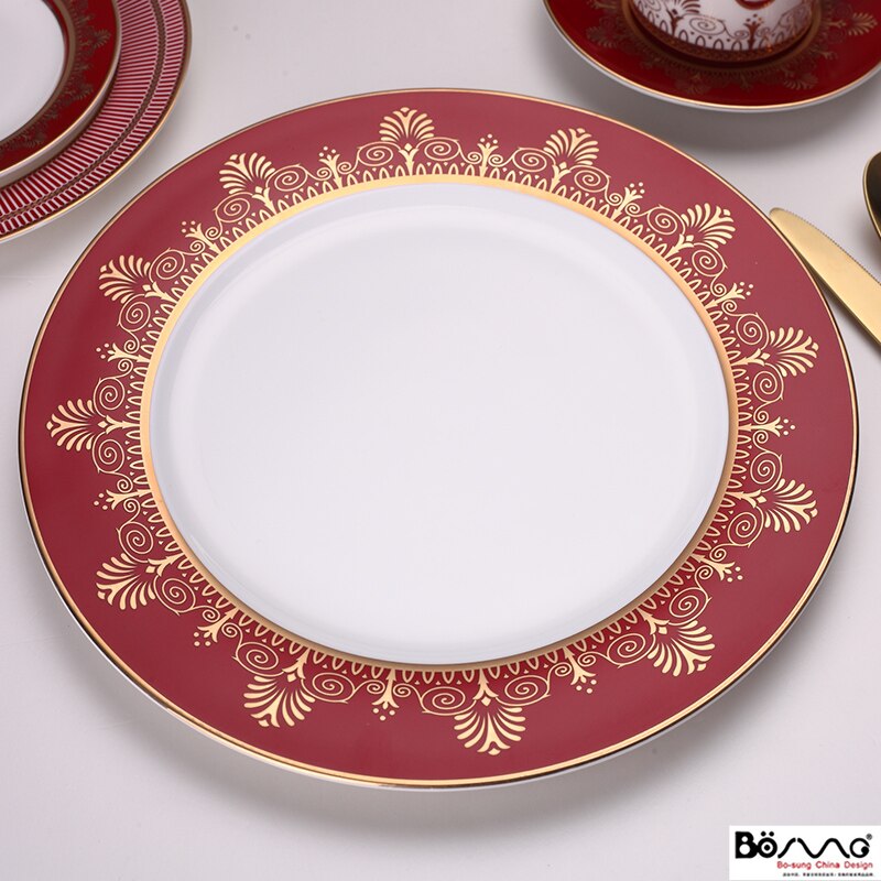 British high-end western food dish red model room bone China steak dish home western food club tableware set: 10.5-inch flat plate