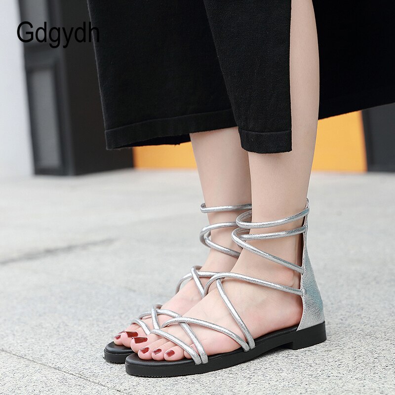 Gdgydh Cross-tied Women Flat Sandals Casual Rome Summer Shoes Gladiator Back Zipper Retro Hollow Out Free Ship