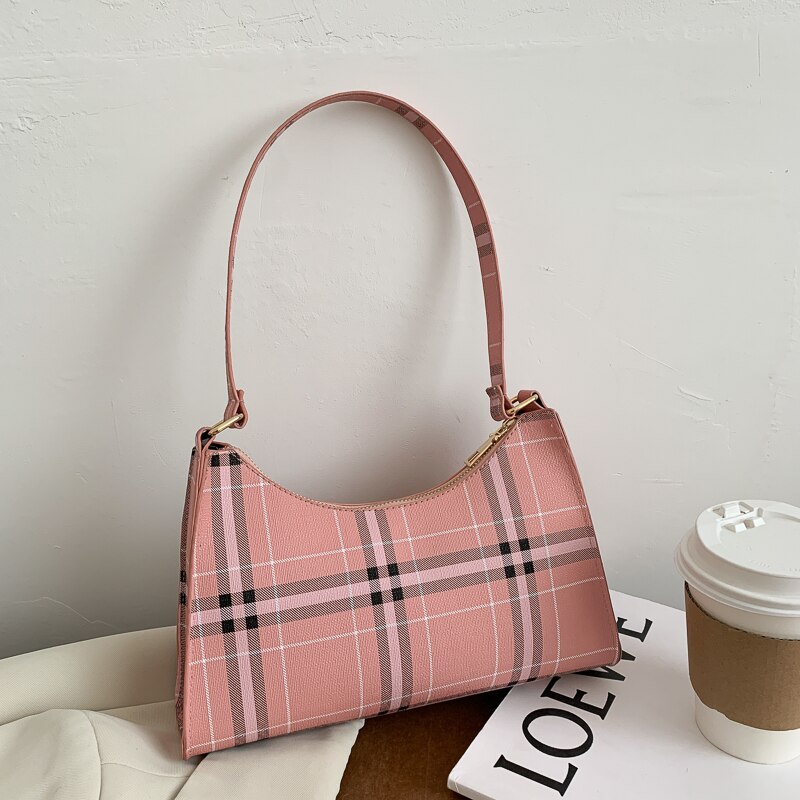 Baguette Shape Women Handbag Female Plaid Striped Shoulder Bag Luxury Underarm Bag Clutch Phone Bags Daily Tote: Pink