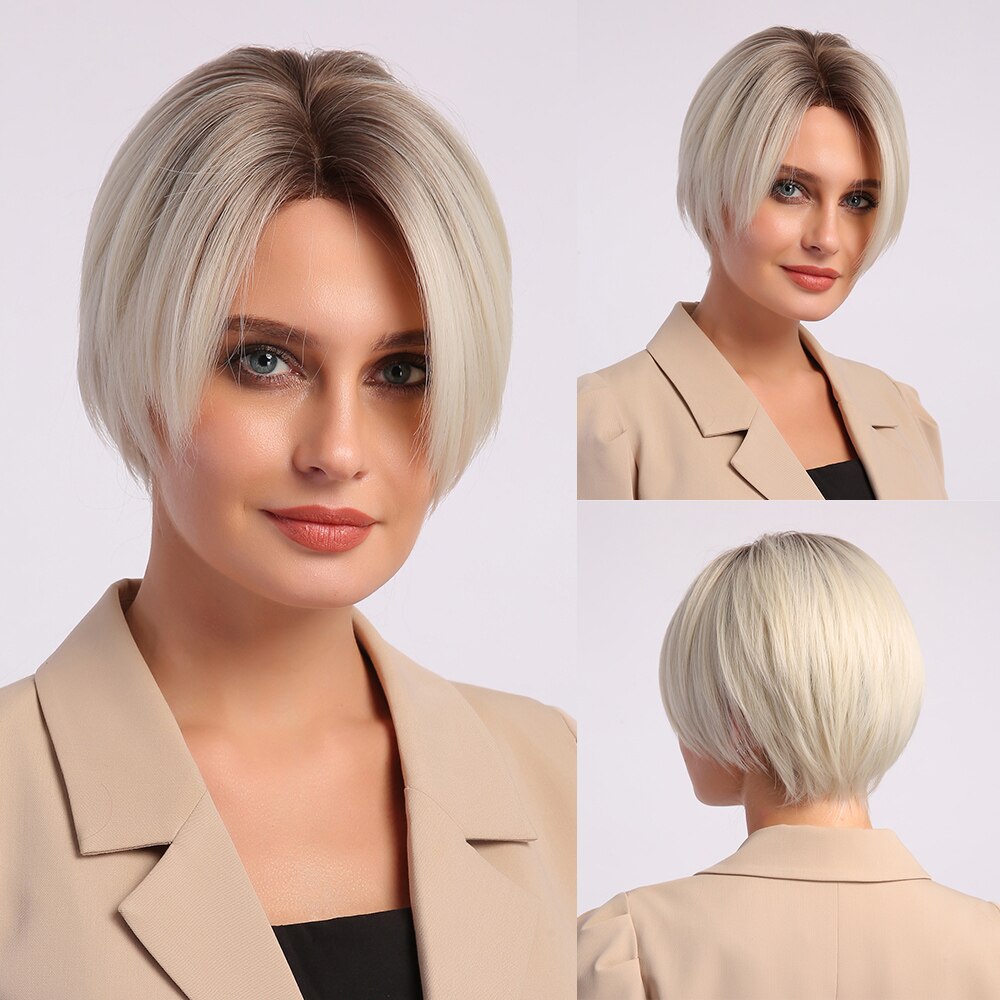 Alan eaton bob synthetische pruik met middenscheiding, kort steil haar, natuurlijke ombre, bruin, asgoud, hoge temperatuur pruiken voor vrouwen.: Ftl 003