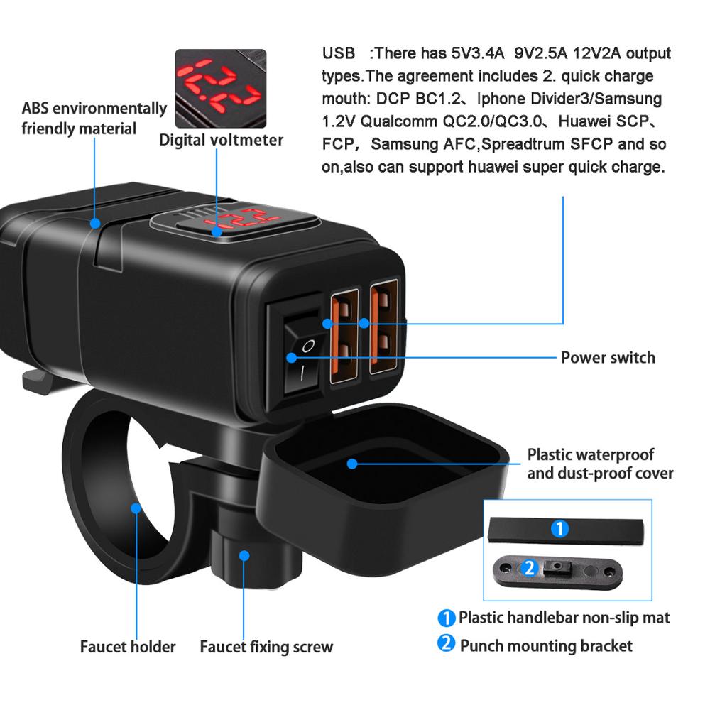 Wupp 12v sea to usb adapter med voltmeter motorcykel switch snabbkoppling med vattentät dubbel  qc3.0 usb snabbladdare