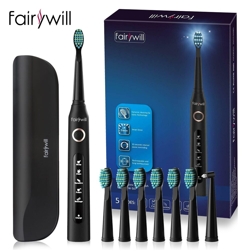 Fairywill Sonic Electric Toothbrush Rechargeable Smart Timer 5 Modes USB Charger Cleaning Brush Replacement 3 Brush Heads Adult: FW-ET507-420-8BH