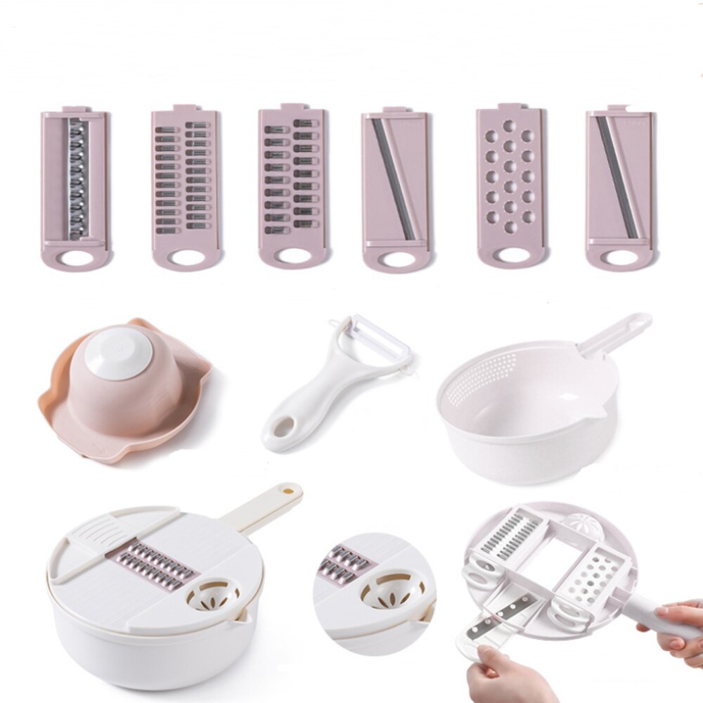 12 In 1 Multifunctional Round Vegetable Cutter Slicer Chopper Dicer Shredder Veggie Spiralizer Kitchen Manual Food Processor: Pink