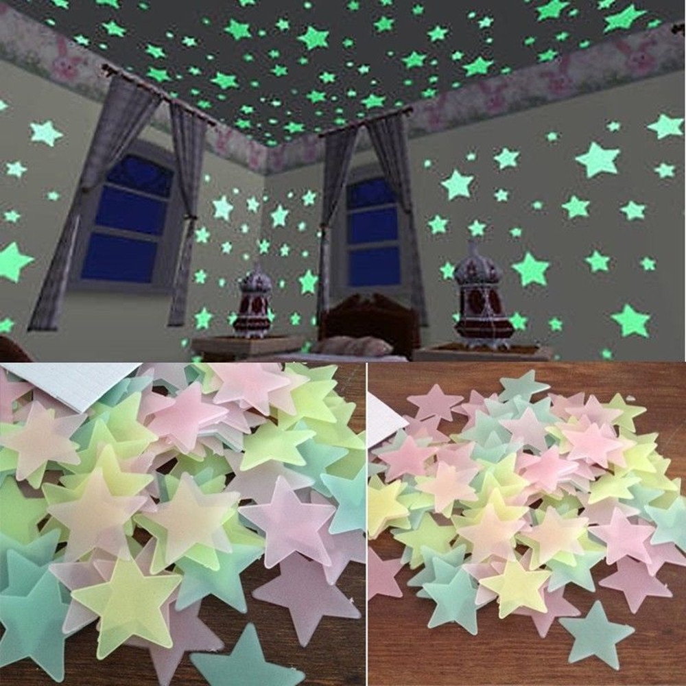 100Pc 3D Ster En Maan Slaapkamer Fluorescent Glow In The Dark Sterren Muurstickers Voor Kinderkamer Woonkamer decal