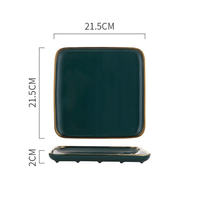 Square Tableware Green Ceramic Dinner Plate Gold Porcelain Dessert Steak Snack Cake Plate Salad Soup Rice Bowl: Square Plate M
