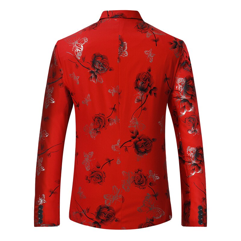 Rosa blomsterprint blazer herremerke enkeltspent jakkeslag dressjakke mannlig bryllup brudgom scenekostyme homme rød xl