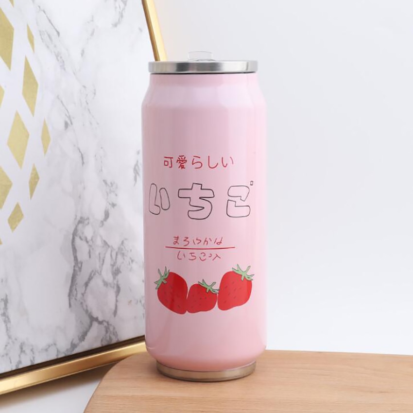 Mignon fraise Girly isolé bouteille d'eau en acier inoxydable Portable large bouche peut tasse d'eau, 500ml, bouteille Thermos de voyage bouteille isotherme