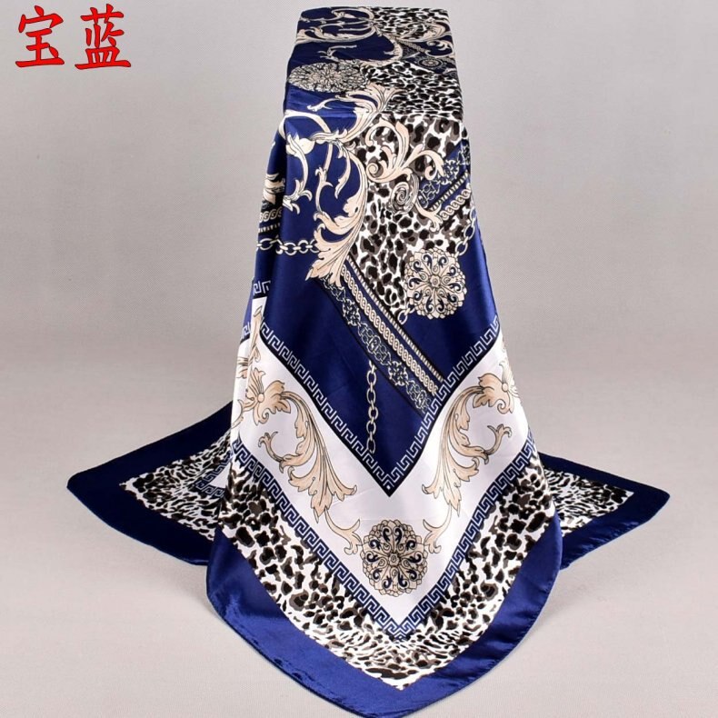 Hair Scarf for Women Floral Print Satin Shawl Silk Scarfs Female Neckerchief 90cmx90cm Square Shawls Scarves For Ladies: Royal blue