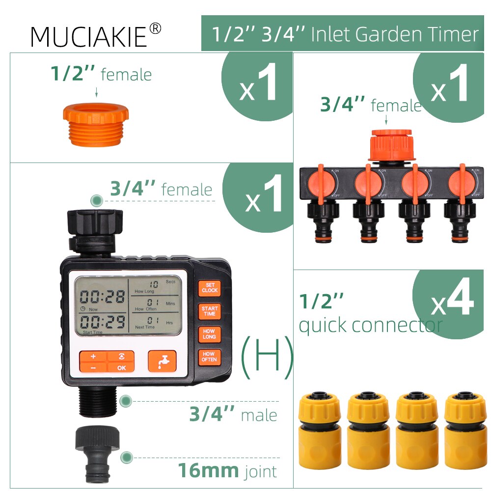 Temporizador de riego por goteo para jardín, controlador Digital programable automático, válvula solenoide, sistema de aspersores para invernadero doméstico: H