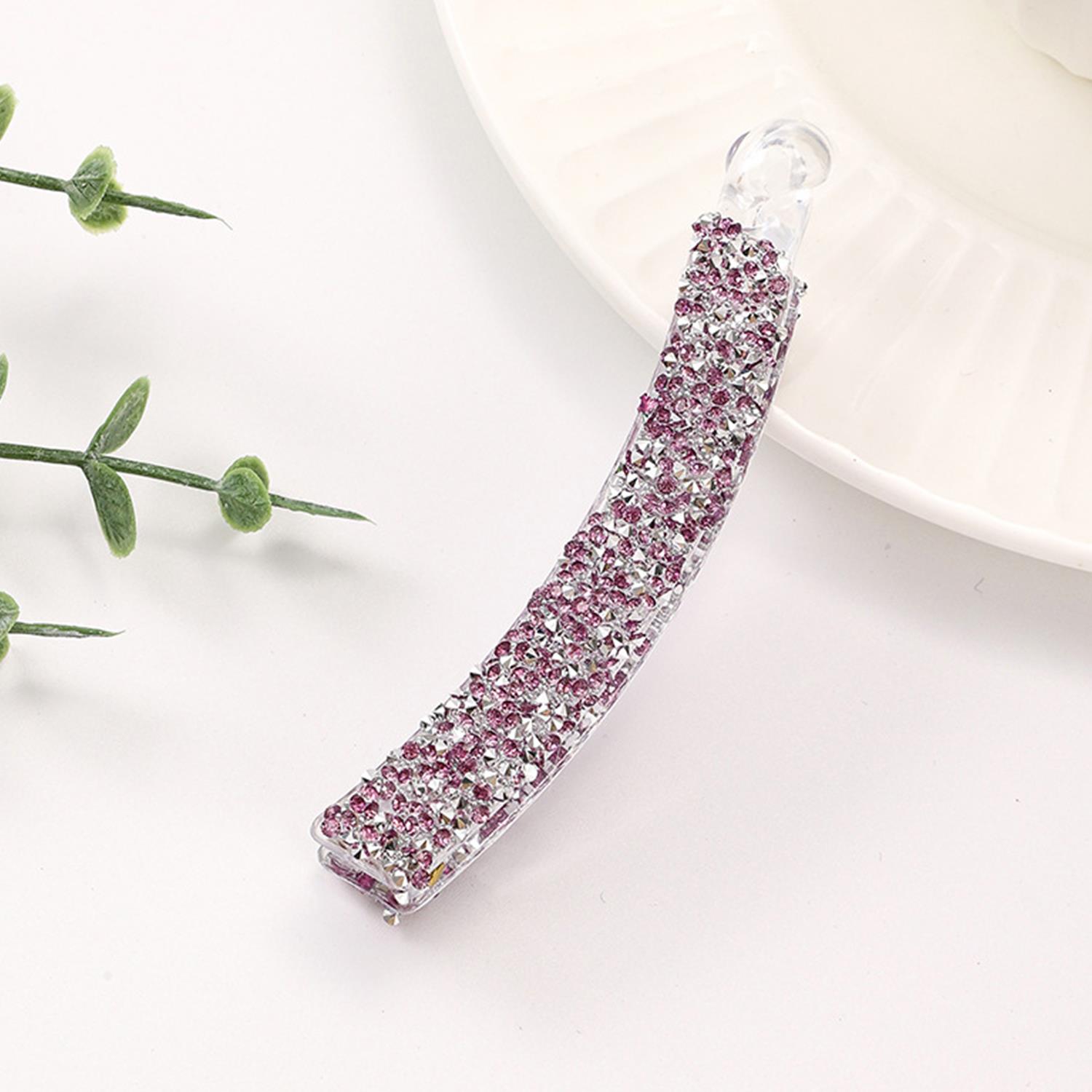 Clip de pelo de plátano con diamantes de imitación completos para mujer, soporte acrílico fuerte, horquilla de perla, pasadores, tocado de ,: Rosa