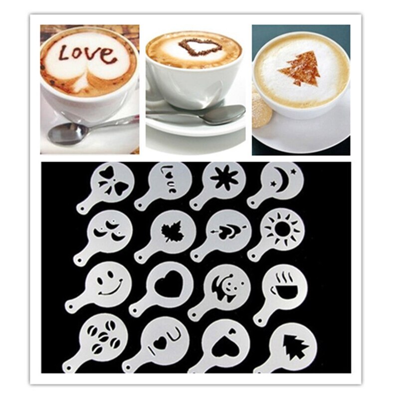 16 Pcs Koffie Latte Cappuccino Barista Art Stencils Cake Stofdoek Sjablonen Koffie Gereedschap Accessoires