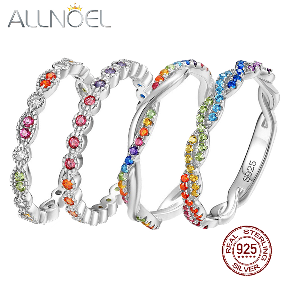 ALLNOEL 100% 925 Anelli in argento sterling per le donne Abbagliante zircone Arcobaleno CZ Anello twist Regali di nozze alla moda Gioielli all'ingrosso