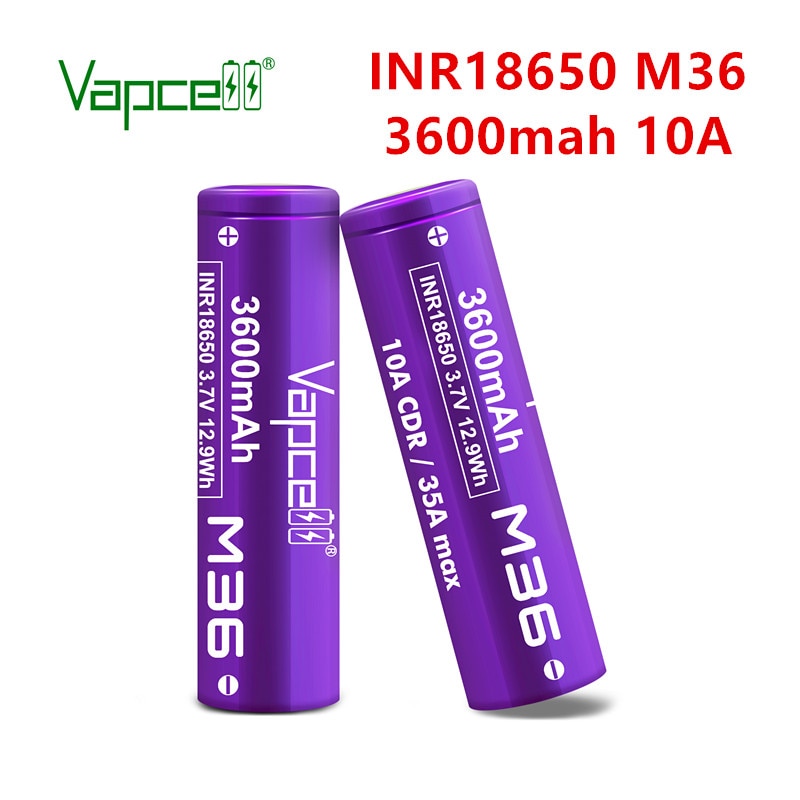 Vapcell original inr 18650 3600 mah 10a m36 3.7v li-ion batterier uppladdningsbara högeffektsbatterier för elverktygs ficklampor