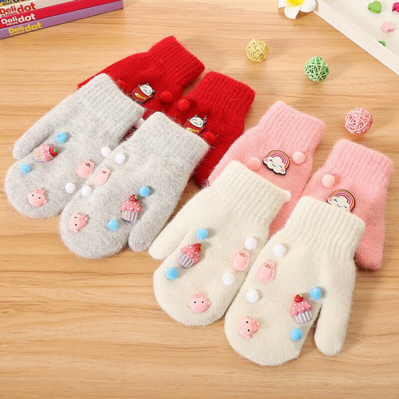 Children's Gloves Kids Boys Girls Winter Warm Cute Baby Knit Soft Gloves Kids Cartoon Candy Color Star Mitten Size 6-12Y