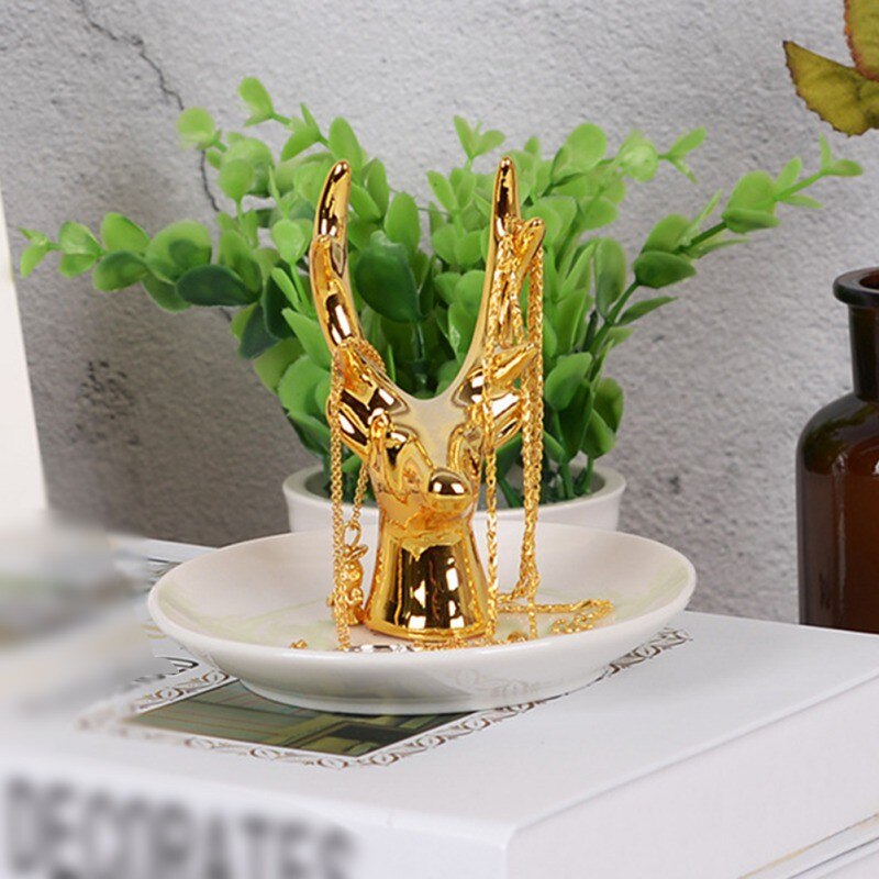 Plato de almacenamiento con forma de cuerno de ciervo dorado, Mini bandeja creativa de cerámica para anillos, collar , Plato decorativo de exhibición, bandeja de cerámica para joyería