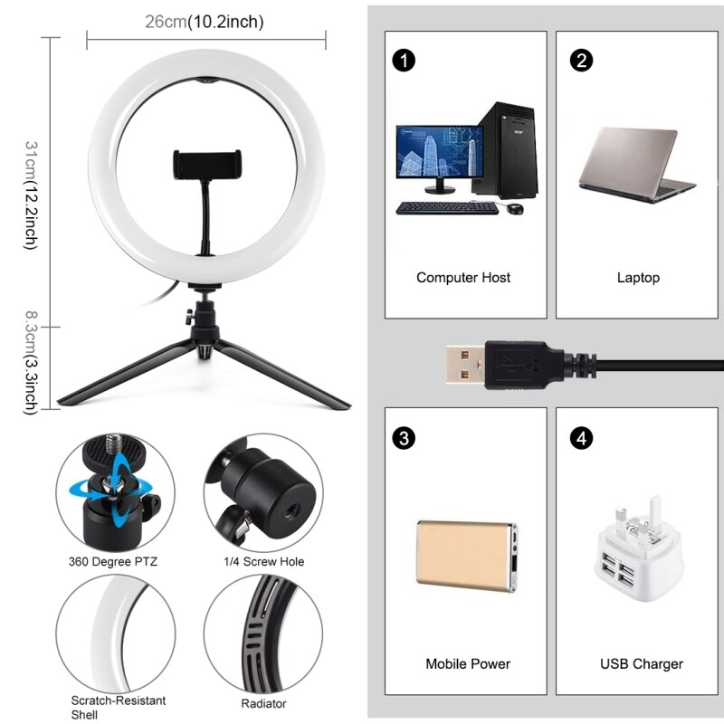 Puluz Desktop Statief 10.2 "26 Cm Usb 3 Modes Dimbare Dual Kleurtemperatuur Led Ring Licht Selfie Fotografie video Verlichting