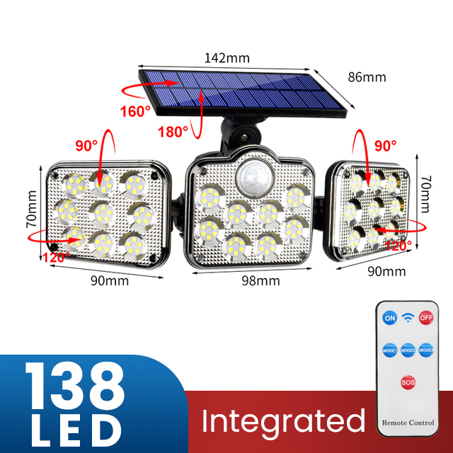 Solar Led Light Outdoor Lighting 3 Head Motion Sensor Wide Angle Illumination Super Bright Waterproof Remote Control Wall Lamp: Integrated-138 SMD