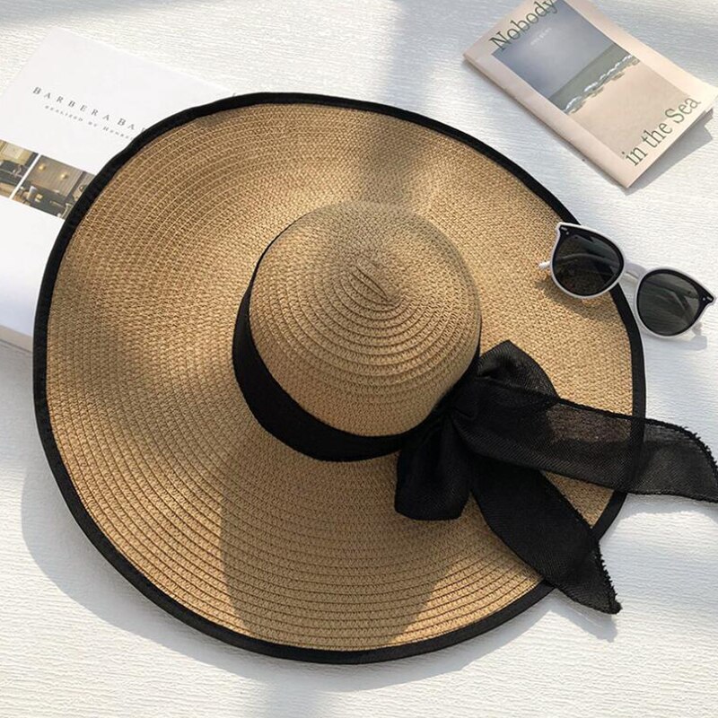 Zomer Panama Hoed Grote Rand Strooien Hoed Floppy Wide Brim Zon Hoeden Strik Strand Opvouwbare Hoeden Caps Voor Vrouwen Chapeu feminino: Khaki and Black