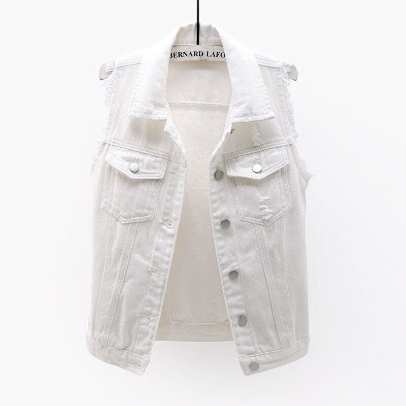 Lila ärmellose Jeansjacke Damen Sommermode einreihige Jeansweste Mantel Vintage passende Jeanswesten Indie Weste: XL / WHITE