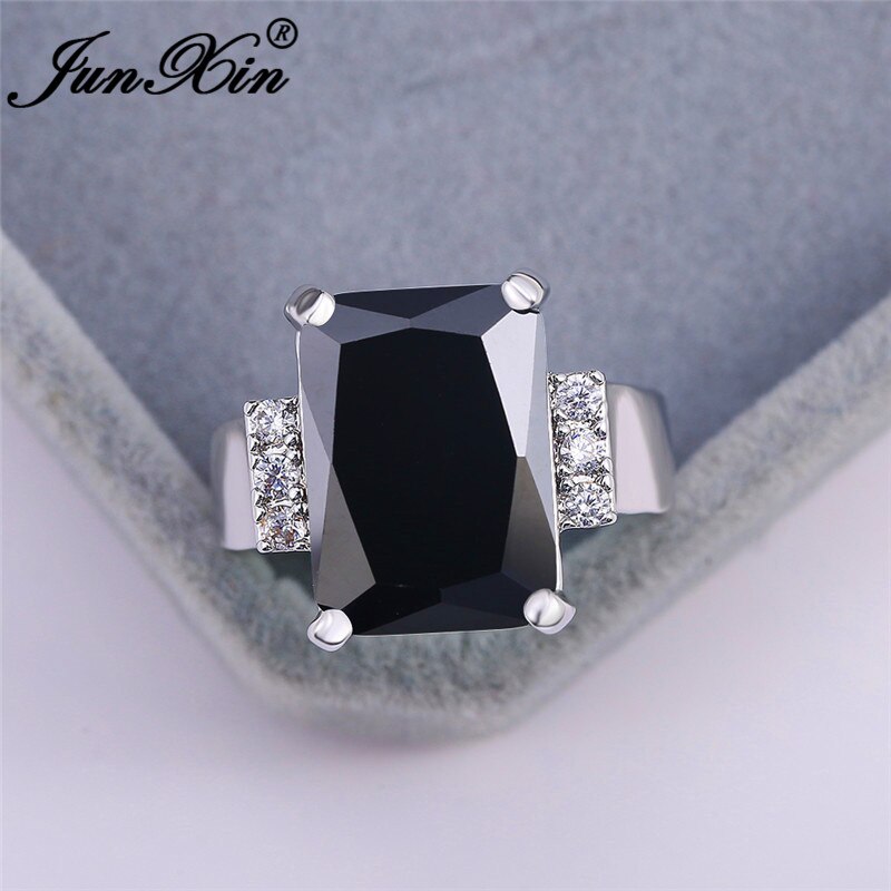 Vintage Vrouwelijke Mannelijke Zwart Groen Blauwe Steen Ring Rechthoek Zirconia Wedding Bands Engagement Ringen Voor Vrouwen Mannen Sieraden: 10 / Black Ring