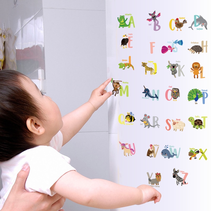 26 engels Alfabet Muurstickers Cartoon Dieren Letters Home Decoratie Art Decals Voor Kinderkamer Baby Onderwijs Sticker