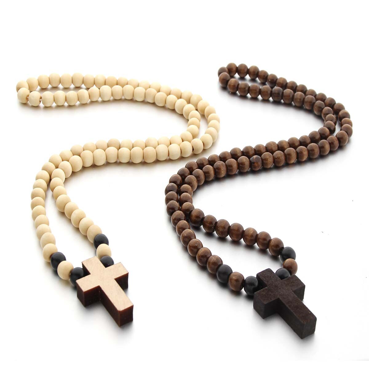 Retro træ brun kort kors vedhæng træ perler halskæder til mænd kvinde rosenkrans træ perle betaler religiøse smykker