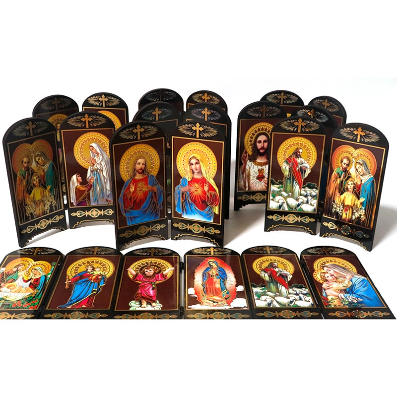 Katholieke Houten Dubbele Scherm Ornamenten Home Decoratie Christus Jezus Virgen Maria Religieuze Figuur Icoon Imagenes Kerk